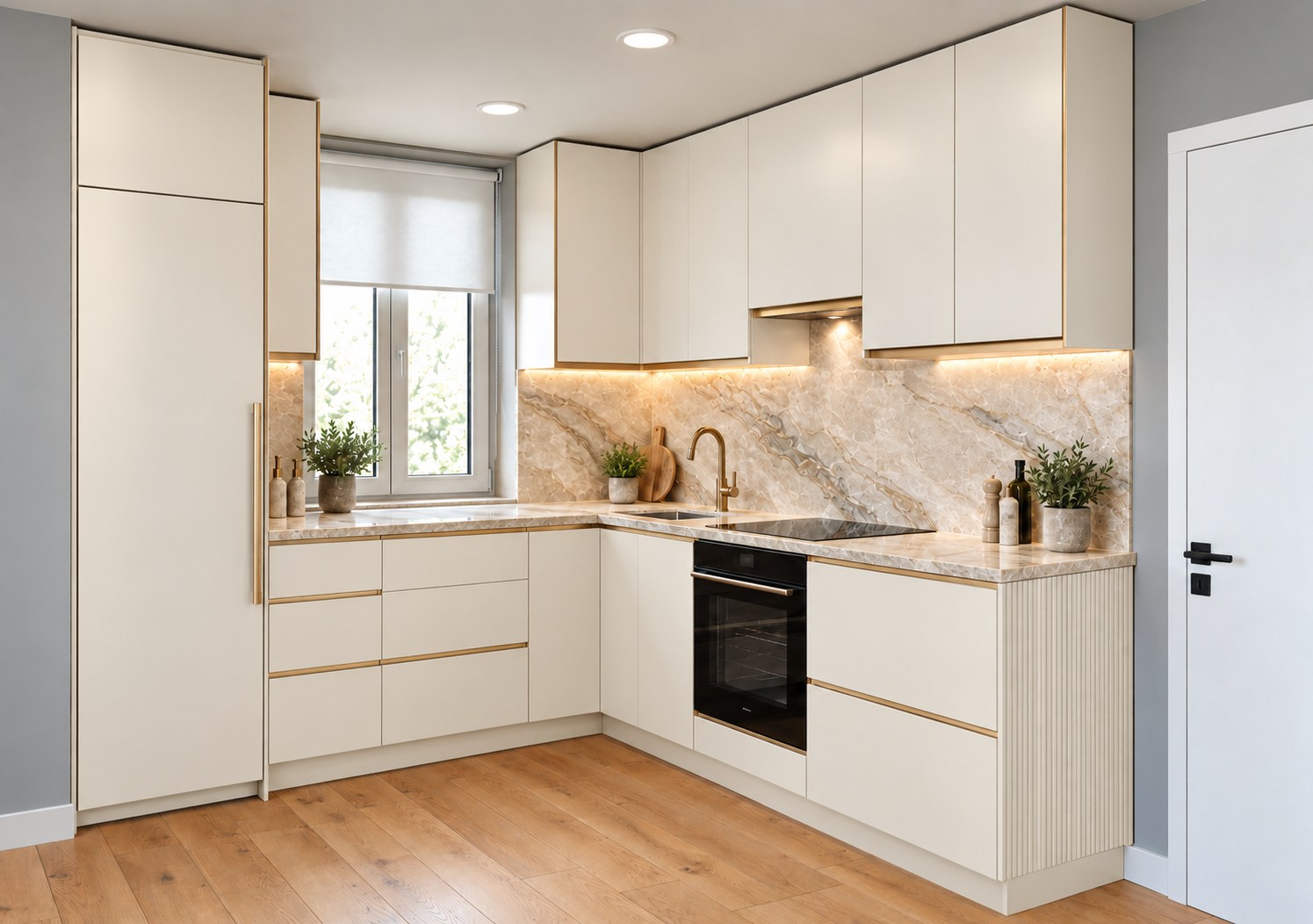 OBL Home Küchenvisualisierung mit modernen cremefarbenen Fronten, goldfarbenen Details und Steinoptik
