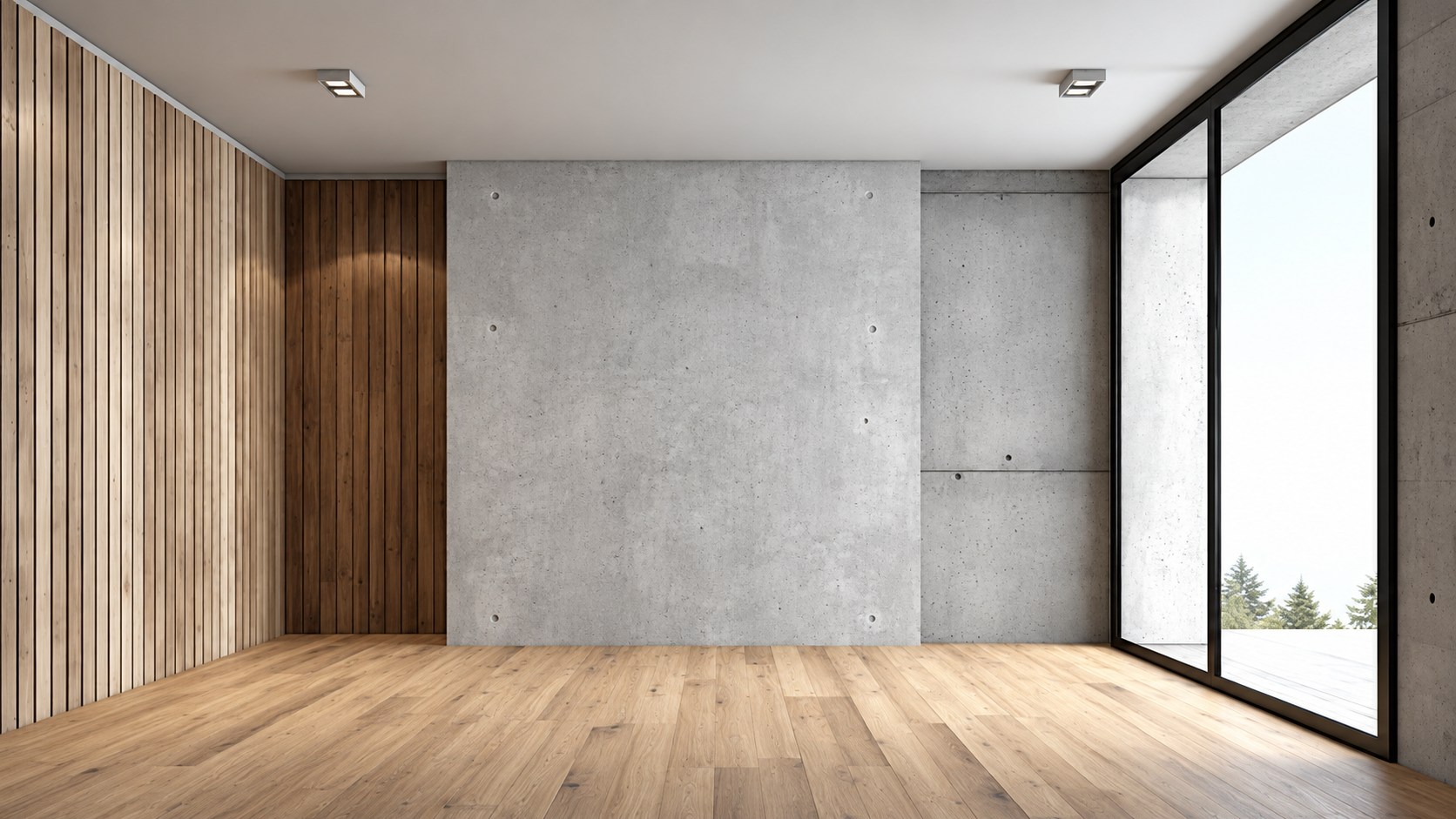 Leerer Raum mit Holzboden, Betonwand und bodentiefen Fenstern